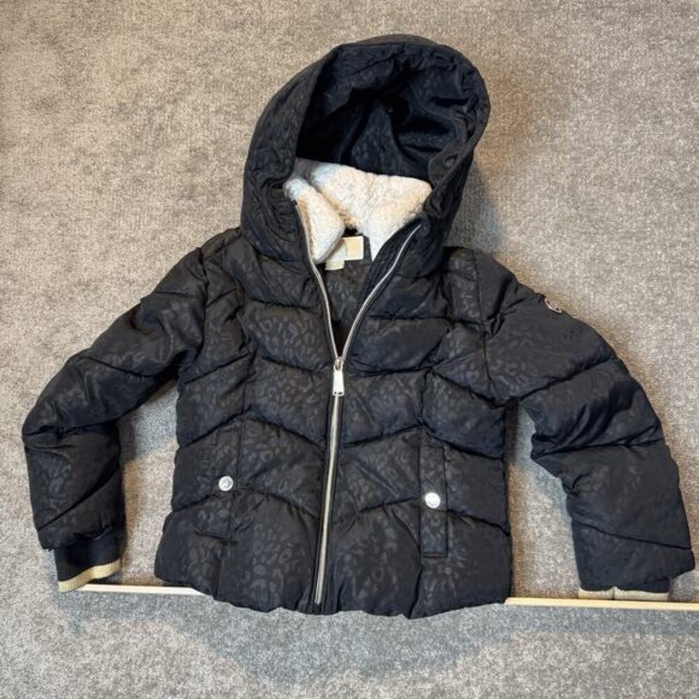 Michael Kors Girls Designer Animal Print Puffer Jacket Sherpa Collar Black 5/6